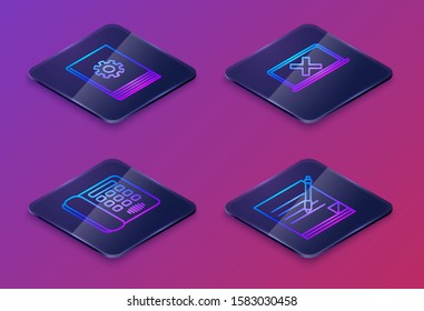 Set Isometric line User manual, Telephone, Laptop and cross mark on screen and Blank notebook and pen. Blue square button. Vector