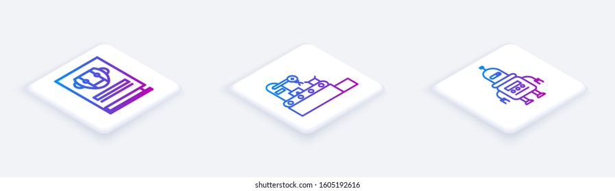 Set Isometric line User manual, Factory conveyor system belt and Robot. White square button. Vector