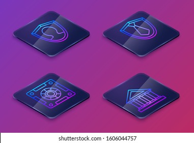 Set Isometric line User protection, Safe, Tie and Courthouse building. Blue square button. Vector