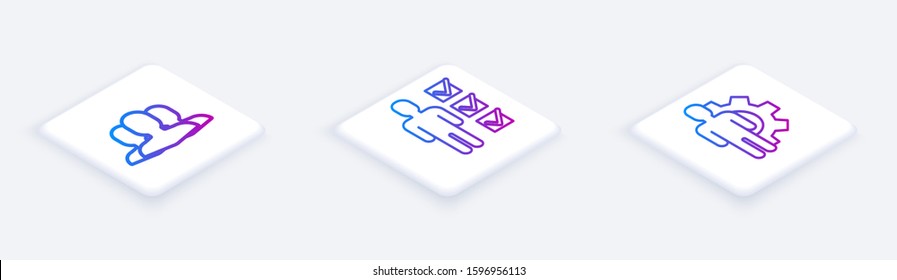 Set Isometric line Users group, User of man in business suit and Human with gear inside. White square button. Vector