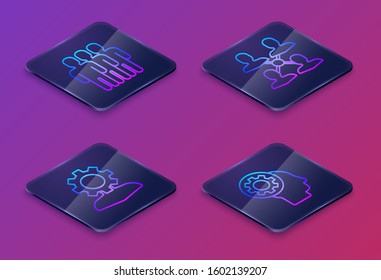 Set Isometric line Users group, Human with gear inside, Project team base and Human head with gear inside. Blue square button. Vector