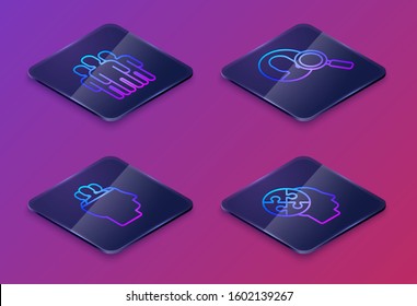 Set Isometric line Users group, Project team base, Magnifying glass for search a people and Human head puzzles strategy. Blue square button. Vector