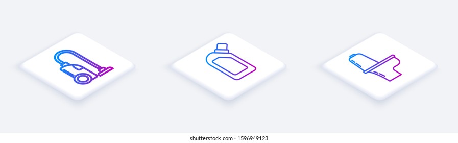 Set Isometric line Vacuum cleaner , Plastic bottles for liquid dishwashing liquid and Toilet bowl . White square button. Vector
