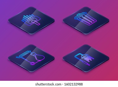 Set Isometric line Vacuum cleaner, Trash can , Trash can  and Shower head with water drops flowing . Blue square button. Vector