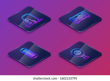 Set Isometric line Vacuum cleaner , Stereo speaker , Digital alarm clock  and Web camera . Blue square button. Vector