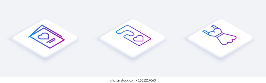 Set Isometric line Valentines day party flyer with heart, Please do not disturb with heart and Woman dress. White square button. Vector