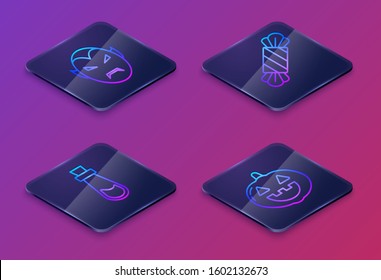 Set Isometric line Vampire , Bottle with potion , Candy  and Pumpkin . Blue square button. Vector