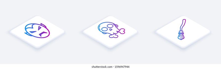 Set Isometric line Vampire , Skull on crossbones  and Witches broom . White square button. Vector