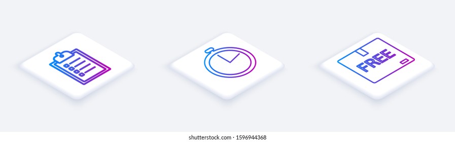 Set Isometric line Verification of delivery list clipboard , Stopwatch  and Cardboard box with free symbol . White square button. Vector