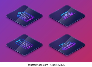 Set Isometric line Verification of delivery list clipboard , Mobile phone with app delivery tracking , Railway carriage  and Conveyor belt with cardboard box . Blue square button. Vector