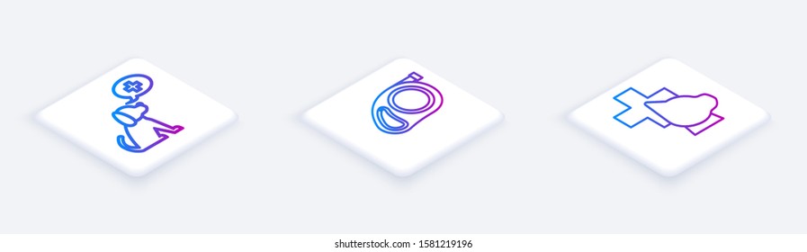 Set Isometric line Veterinary clinic symbol, Retractable cord leash with carabiner and Veterinary clinic symbol. White square button. Vector