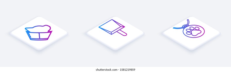 Set Isometric line Veterinary clinic symbol, Dustpan and Collar with name tag. White square button. Vector
