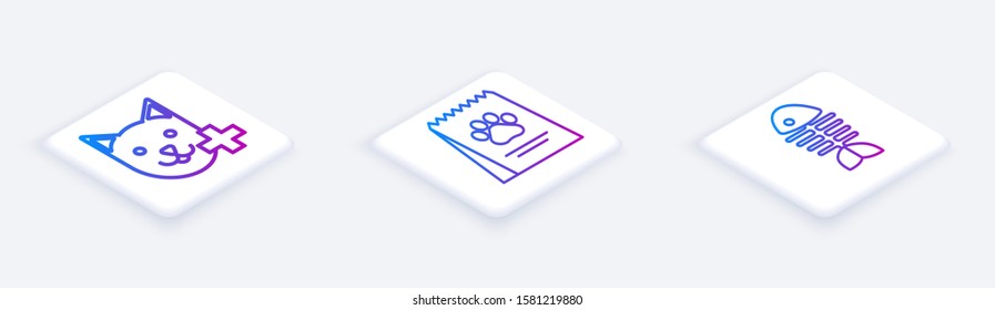 Set Isometric line Veterinary clinic symbol, Bag of food for dog and Fish skeleton. White square button. Vector