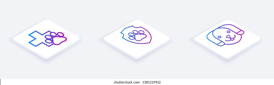 Set Isometric line Veterinary clinic symbol, Animal health insurance and Dog. White square button. Vector