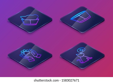 Set Isometric line Veterinary clinic symbol, Hands with animals footprint, Protective cone collar and Veterinary clinic symbol. Blue square button. Vector