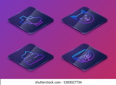 Set Isometric line Veterinary clinic symbol, Shit, Cat and Aquarium with fish. Blue square button. Vector