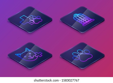 Set Isometric line Veterinary clinic symbol, Veterinary clinic symbol, Cage for birds and Paw print. Blue square button. Vector