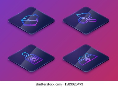 Set Isometric line Veterinary clinic symbol, Dog medicine bottle, Veterinary clinic symbol and Pet food bowl for cat or dog. Blue square button. Vector