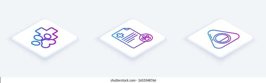 Set Isometric line Veterinary clinic symbol, Clipboard with medical clinical record pet and Pet bed. White square button. Vector
