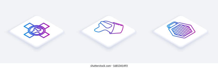 Establecer la línea isométrica Símbolo de clínica veterinaria, maletín para perros y mascotas. Botón cuadrado blanco. Vector