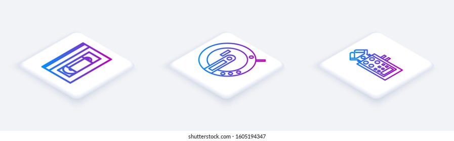Set Isometric line VHS video cassette tape, Music CD player and Microphone. White square button. Vector