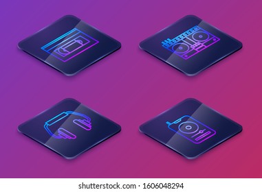 Set Isometric line VHS video cassette tape, Headphones, DJ remote for playing and mixing music and Music player. Blue square button. Vector