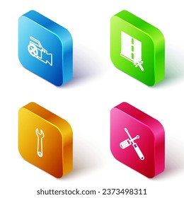 Set Isometric line Video camera service, Database server, Wrench and Crossed screwdrivers icon. Vector