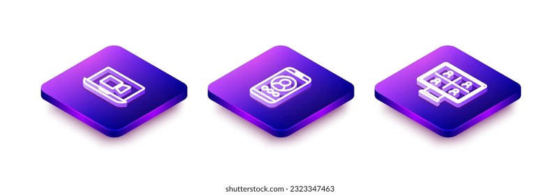 Set Isometric line Video chat conference,  and  icon. Vector
