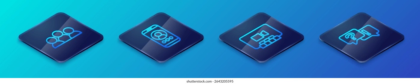 Set Isometric line Video chat conference, Meeting, Question and Answer and  icon. Vector