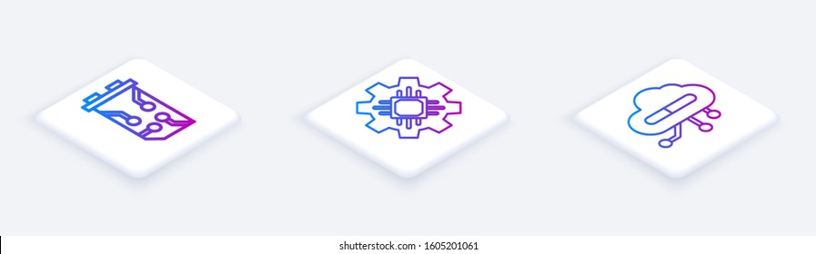 Set Isometric line Video graphic card, Processor and Internet of things. White square button. Vector