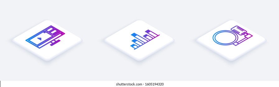 Set Isometric line Video recorder or editor software on monitor, Music equalizer and Microphone. White square button. Vector