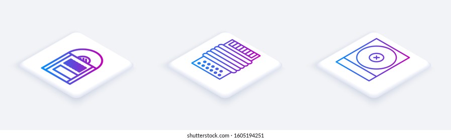 Set Isometric line Vinyl disk, Musical instrument accordion and CD or DVD disk. White square button. Vector