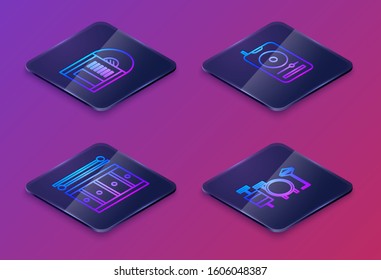 Set Isometric line Vinyl disk, Drum with drum sticks, Music player and Drums. Blue square button. Vector
