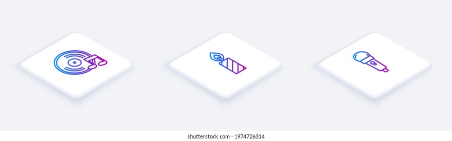 Set Isometric line Vinyl disk, Birthday cake candles and Microphone. White square button. Vector