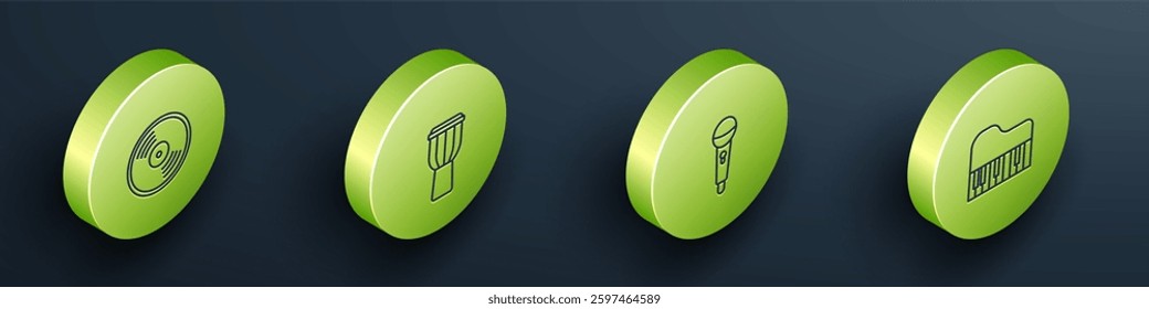 Set Isometric line Vinyl disk, Drum, Microphone and Grand piano icon. Vector