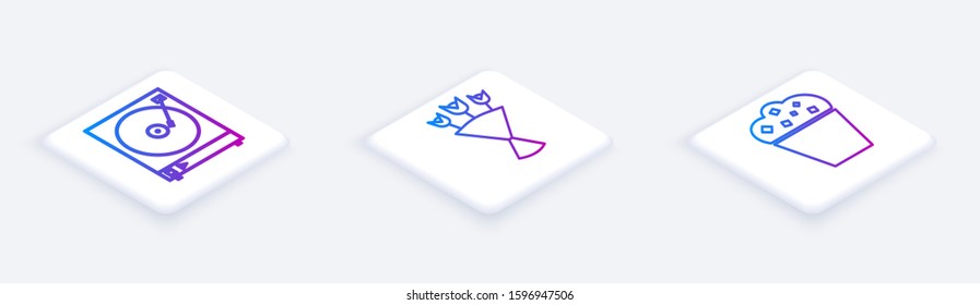 Set Isometric line Vinyl player with a vinyl disk , Bouquet of flowers  and Popcorn in cardboard box . White square button. Vector