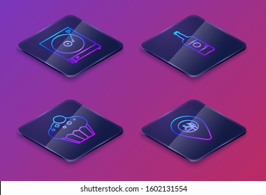 Set Isometric line Vinyl player with a vinyl disk , Muffin , Beer bottle  and Alcohol or beer bar location . Blue square button. Vector