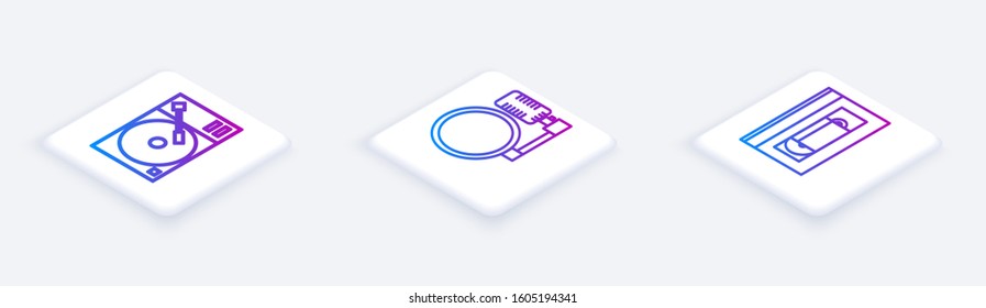 Set Isometric line Vinyl player with a vinyl disk, Microphone and VHS video cassette tape. White square button. Vector