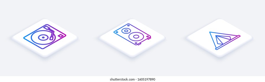 Set Isometric line Vinyl player with a vinyl disk, Stereo speaker and Tourist tent. White square button. Vector