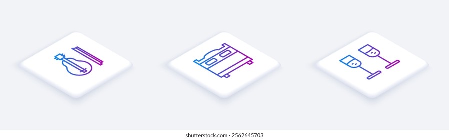 Set Isometric line Violin, Bedroom and Glass of champagne. White square button. Vector