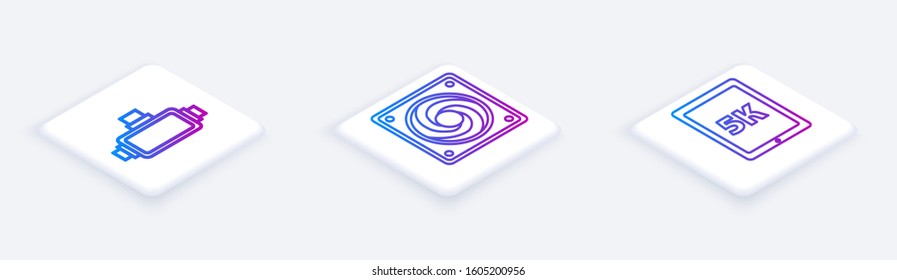 Set Isometric line Virtual reality glasses, Computer cooler and Tablet with text 5k. White square button. Vector