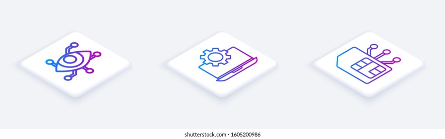 Set Isometric line Virtual reality, Laptop and gear and Sim card. White square button. Vector