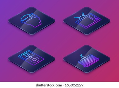 Set Isometric line Virtual reality glasses, Music player, Television and Cake. Blue square button. Vector
