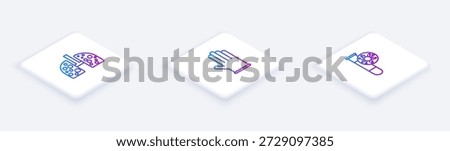 Set Isometric line Virus cells in lung, Medical rubber gloves and Test tube with virus. White square button. Vector