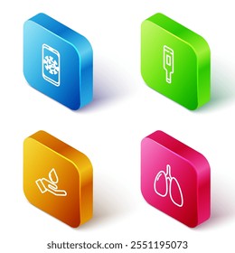 Establecer estadísticas de virus de línea isométrica en el móvil, termómetro médico, lavarse las manos con jabón e icono de pulmones. Vector