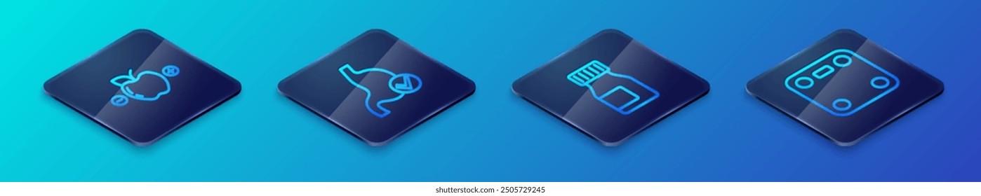 Set Isometric line Vitamins, Calorie calculator, Bathroom scales and Human stomach health icon. Vector
