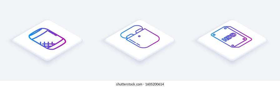 Set Isometric line Voice assistant, Air headphones in box and Hard disk drive HDD. White square button. Vector