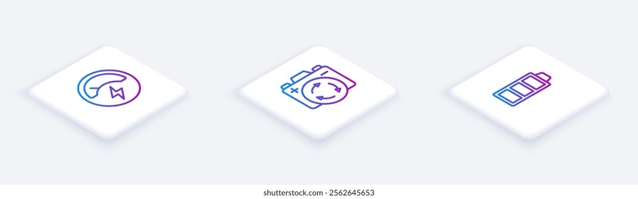 Set Isometric line Voltmeter, Battery with recycle symbol and charge. White square button. Vector