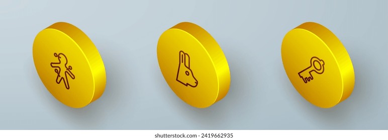 Set Isometric line Voodoo doll, Rabbit with ears and Old magic key icon. Vector