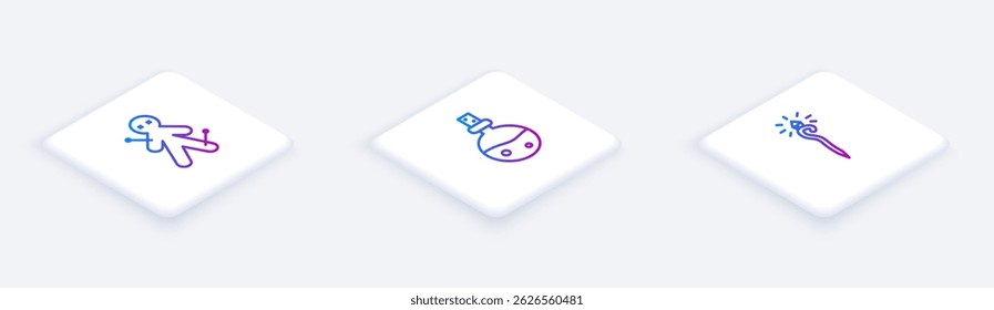 Set Isometric line Voodoo doll, Bottle with love potion and Magic staff. White square button. Vector